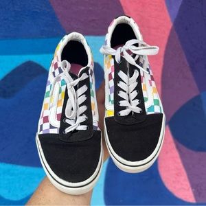Cute Vans Old Skool Black, White & Rainbow Checkerboard Skate Shoes